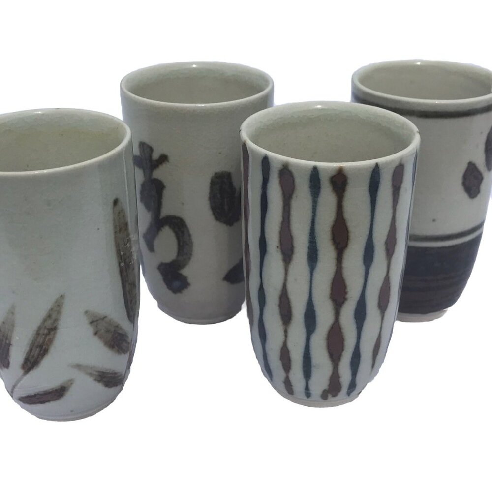Vtg Set Hand Painted Ceramic Pottery Japanese Glazed MCM Sake Tea Cups Barware